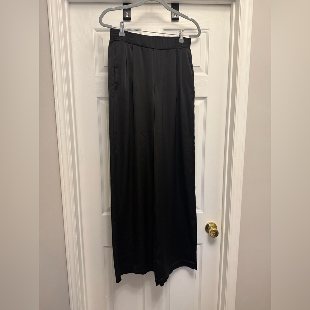 Zara Womens Pants M Black High Waist Wide Leg Trousers Pleated Shiny Pull On